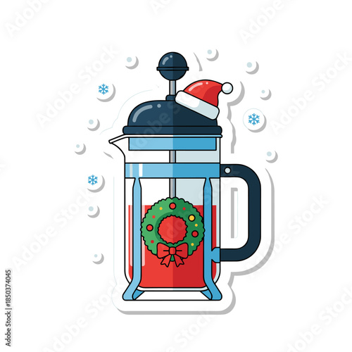 Christmas French Press Coffee Maker with Santa Hat and Wreath Sticker.