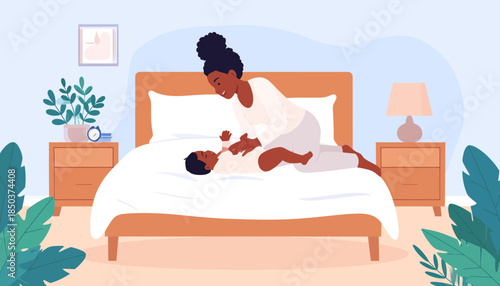 African American Mother & Baby Bonding on Bed. Happy family moment in cozy bedroom. Parenthood illustration.
