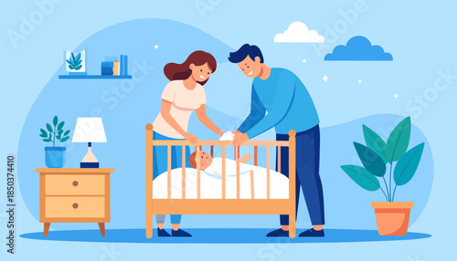 Happy parents caring for sleeping newborn baby in crib. Family love, childcare, and parenthood vector illustration.