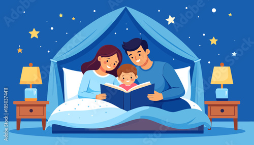 Parents reading bedtime story to child in bed, starry night. Family bonding, cozy evening, vector illustration.