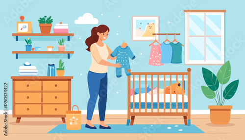 Mother Preparing Baby Clothes in Nursery. Caring for Infant in Cozy Room. Motherhood and Childcare Scene.