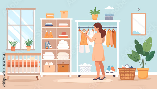 Woman organizing baby clothes in nursery. Flat illustration of mother preparing newborn outfits in a cozy, modern baby room.