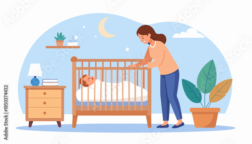 Mother gently putting baby to sleep in crib. Nighttime infant care and loving routine in nursery.