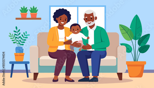 Happy African American Grandparents Holding Baby. Loving intergenerational family at home, showing joy and care.