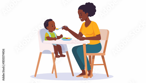 African American Mother Feeding Baby in High Chair - Family Mealtime Illustration