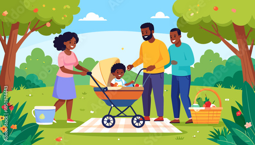 Happy Black family with baby in stroller enjoying a picnic in a vibrant park
