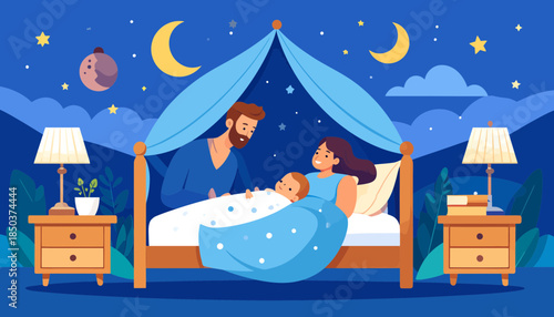 Peaceful Family Bedtime: Parents and Baby Sleeping Together in a Cozy Room Illustration