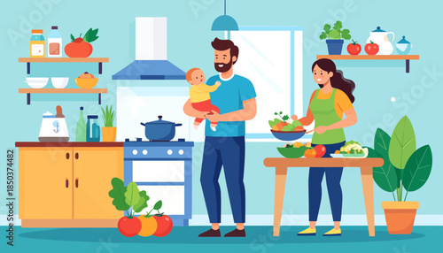 Young family cooking healthy meal in modern kitchen. Parents and baby preparing fresh food at home. Lifestyle illustration.