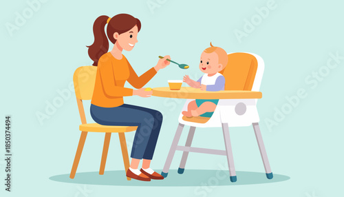 Happy mother feeding smiling baby in high chair. Parenthood, childcare, and first solid food meal concept.