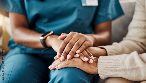Healthcare worker's hands gently holding an elderly patient's hands, emphasizing empathy and comfort, concept for nursing support, elderly care campaigns and medical consultation
