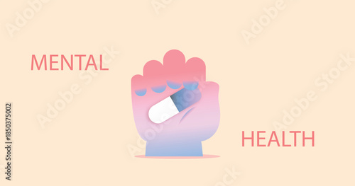 Mental health and therapy concept illustration with hand holding pill symbolizing medication, treatment and psychological support. Minimal pastel background for healthcare and medical banners.