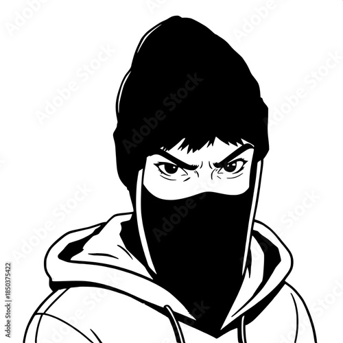 Graphic line illustration of a young individual with a determined expression, wearing a black knitted beanie and a grey hoodie with the hood up, face partially concealed by a black mask that covers th