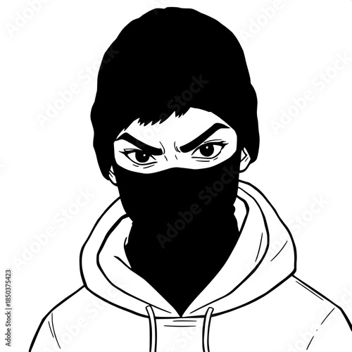 Graphic line illustration of a young individual with a determined expression, wearing a black knitted beanie and a grey hoodie with the hood up, face partially concealed by a black mask that covers th