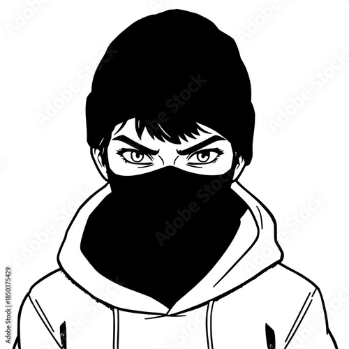 Graphic line illustration of a young individual with a determined expression, wearing a black knitted beanie and a grey hoodie with the hood up, face partially concealed by a black mask that covers th