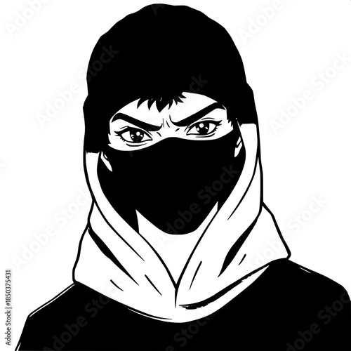Graphic line illustration of a young individual with a determined expression, wearing a black knitted beanie and a grey hoodie with the hood up, face partially concealed by a black mask that covers th