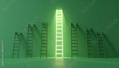 Green wall features a central glowing ladder, flanked by multiple ladders of decreasing brightness