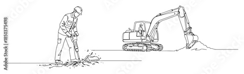 construction worker jackhammer line art vector illustration