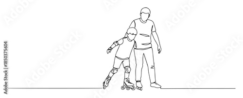 single one line drawing of father teaching his son how to rollerblade
