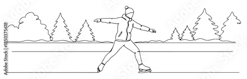 figure skater on frozen lake line art vector illustration
