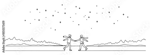 couple ice skating under snow line art vector illustration