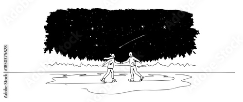 night ice skating forest scene line art vector illustration