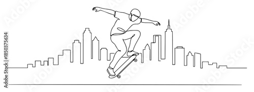 ice skater jumping with city skyline line art vector illustration