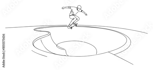 monochrome outline skateboarder carving in skate bowl