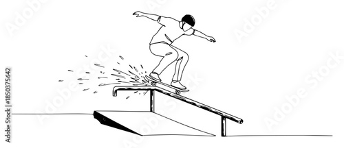 monochrome outline skateboarder grinding rail with sparks