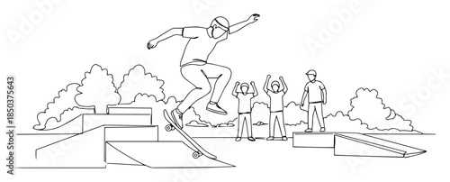monochrome outline skateboarder performing trick in skatepark with audience