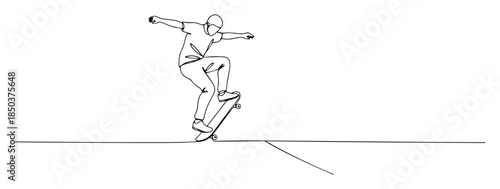 one continuous line drawing of skateboarder doing a trick