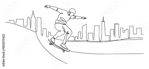 one single line drawing of skateboarder on ramp with city background