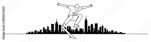monochrome outline skateboarder cruising in front of city skyline