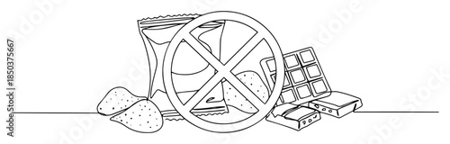 one line drawing of no junk food and sweets sign