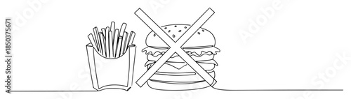 one line drawing of crossed out fast food burger and fries