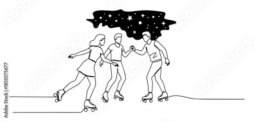 one continuous line drawing of friends roller skating under the stars