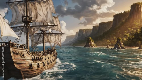 Sailing ship near island cliffs.
