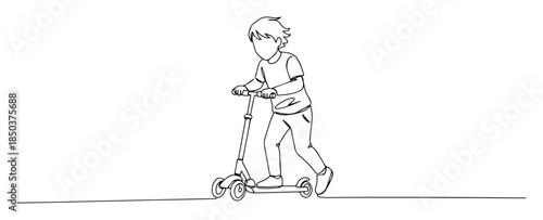 kid riding kick scooter outline vector
