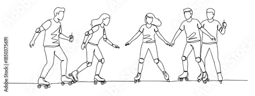 group of friends roller skating holding hands outline vector