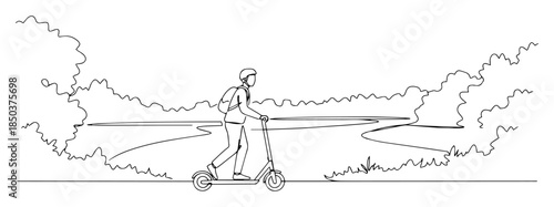 one continuous line drawing of man riding an electric scooter in the park
