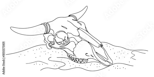 Bull skull lying on sand drawn in one continuous line style