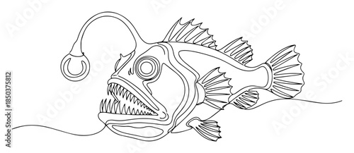 Single line vector sketch of a deep sea anglerfish with sharp teeth