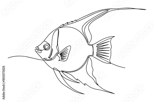 Tropical angelfish swimming drawn in one continuous line art style
