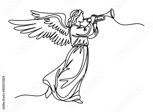 Christmas angel playing trumpet drawn in one continuous line art style