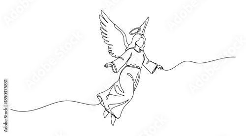 Minimalist one line drawing of a flying angel with halo