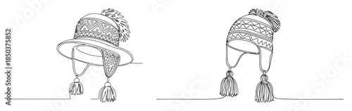 Two knitted winter hats with earflaps in continuous line style