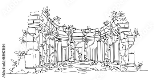 Overgrown ancient stone wall ruins with climbing vines line art
