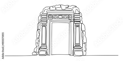 Ancient stone archway ruin entrance in continuous line drawing