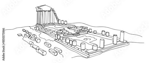 Ancient greek temple ruins with fallen columns in continuous line art