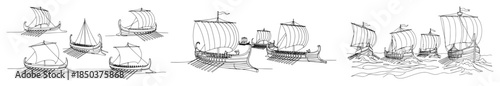 Panoramic vector sketch of a fleet of Viking longships sailing