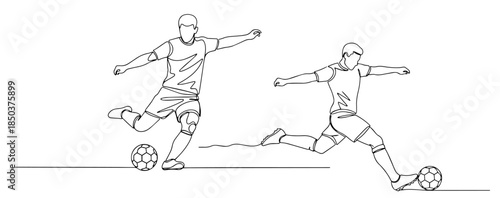 Two soccer players kicking ball in continuous line art